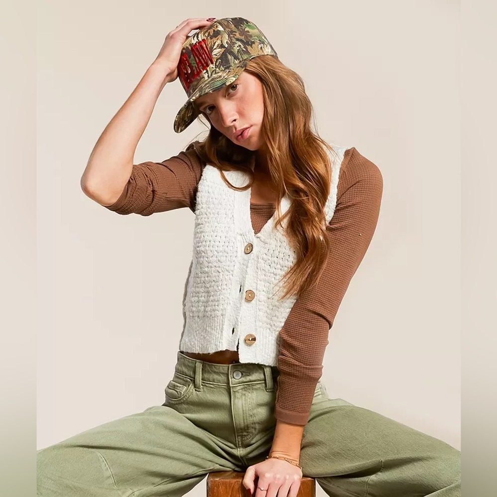 Free People NWT We The Free Ava Cropped Sweater Vest In Sugar Straw Size M - Picture 6 of 17